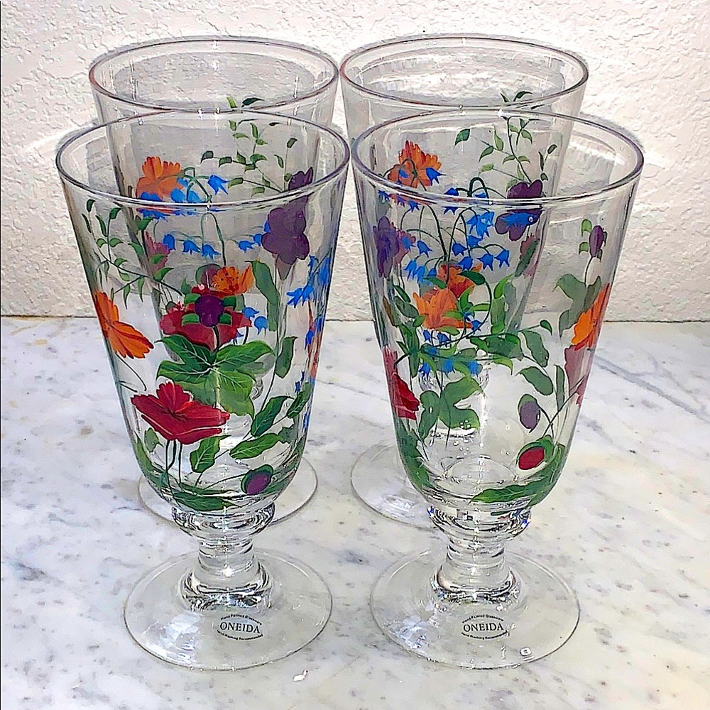 ONEIDA CRIMSON BLOOM ICE TEA GLASSES SET OF 4 FLORAL HAND PAINTED